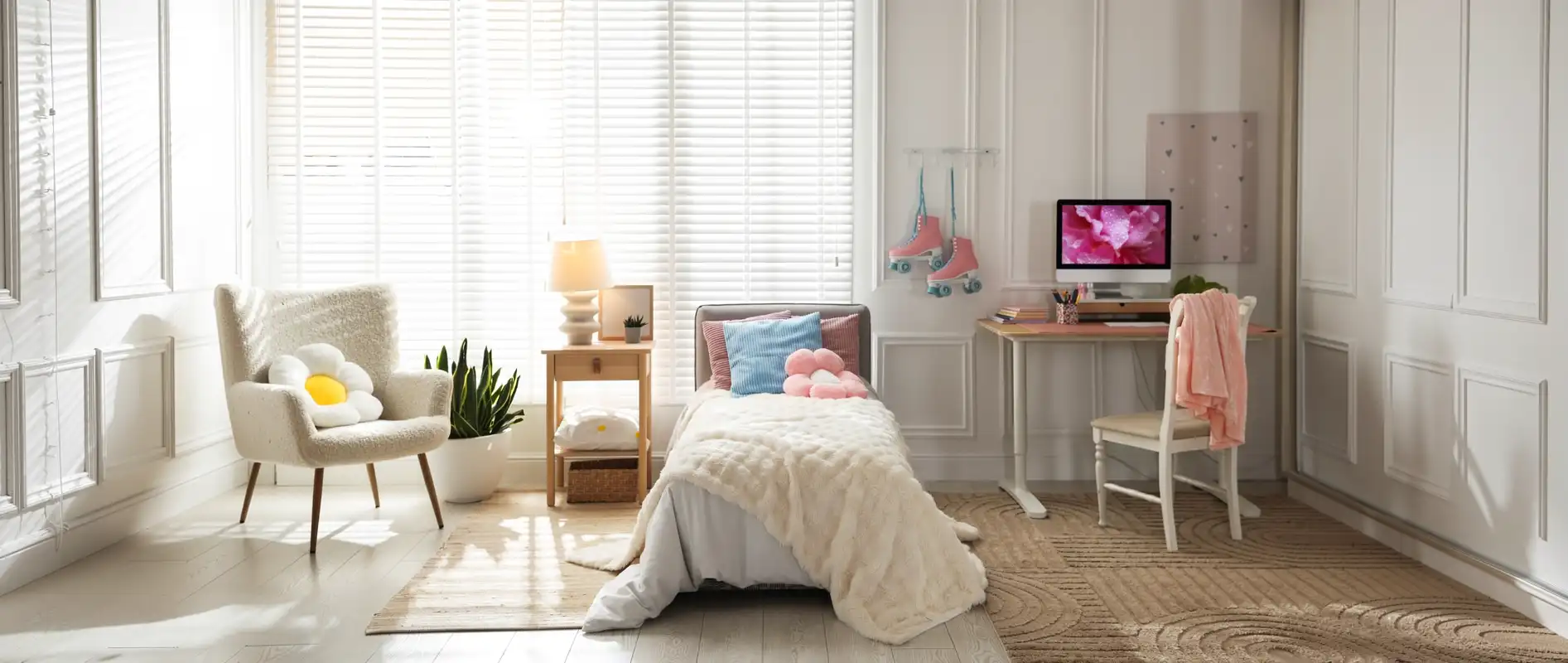 Teen room organization with a clean bedroom, study desk, and smart storage solutions.